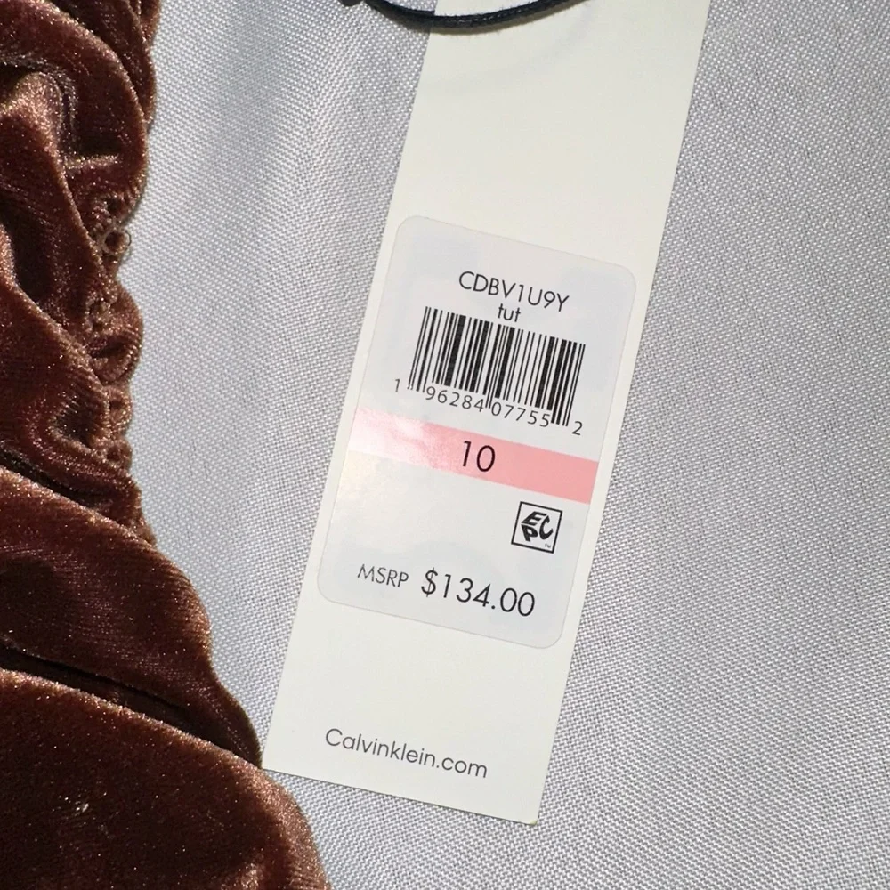 Calvin Klein Brown Velvet Runched Asymmetrical Sheath Dress Size 10 NWT Cocktail - Picture 7 of 10